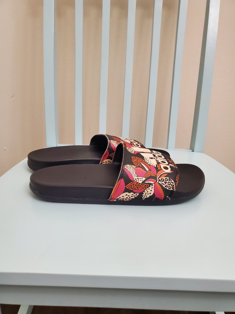 adidas Black Slide Sandals with Pink Floral Strap